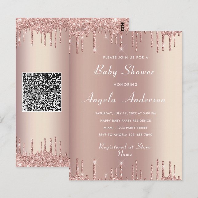 QR Code Rose Gold Baby Boy Shower Invitation Card (Devant / Derrière)