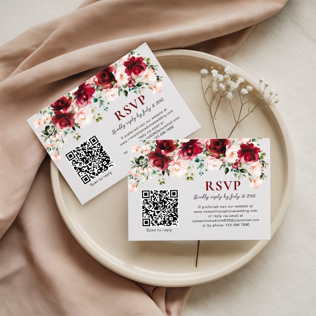QR Code RSVP Card Burgundy Blush Floral Wedding (Créateur téléchargé)