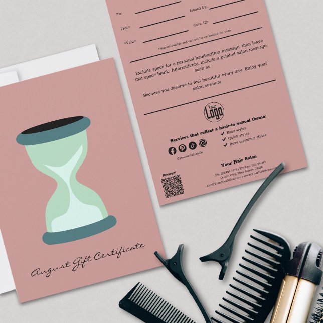 QR Code Services Note Août Certificat cadeau (Hairstylist QR Code Services Note August Gift Certificate, Back to School, Hourglass)