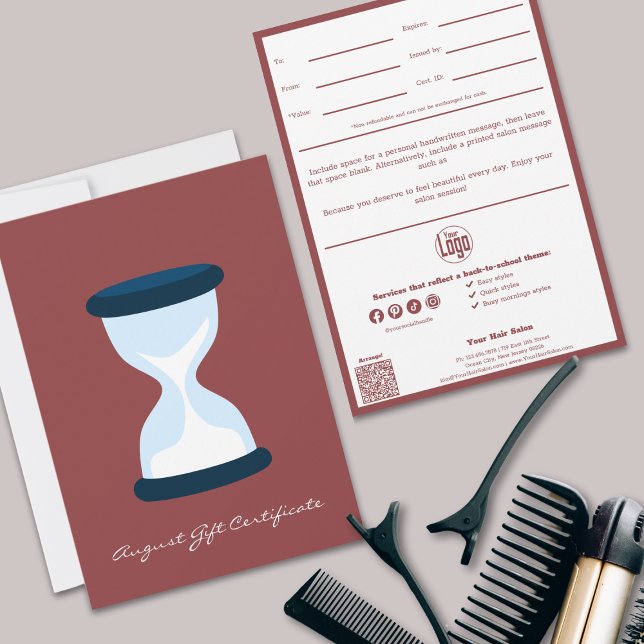 QR Code Services Note Août Certificat cadeau (Stylish QR Code Services Note August Gift Certificate, Smoky Topaz & White, Hourglass)