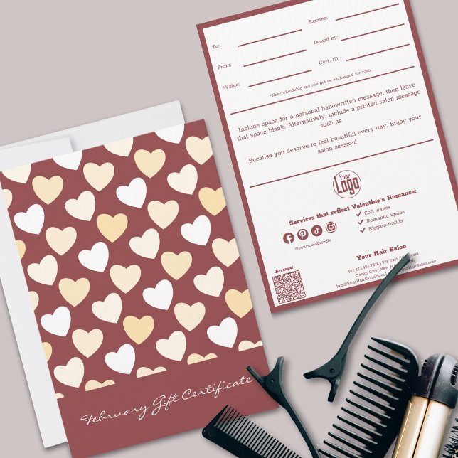 QR Code Services Note Février Certificat cadeau (QR Code Services Note February Gift Certificate, Smoky Topaz & White, Heart Pattern)
