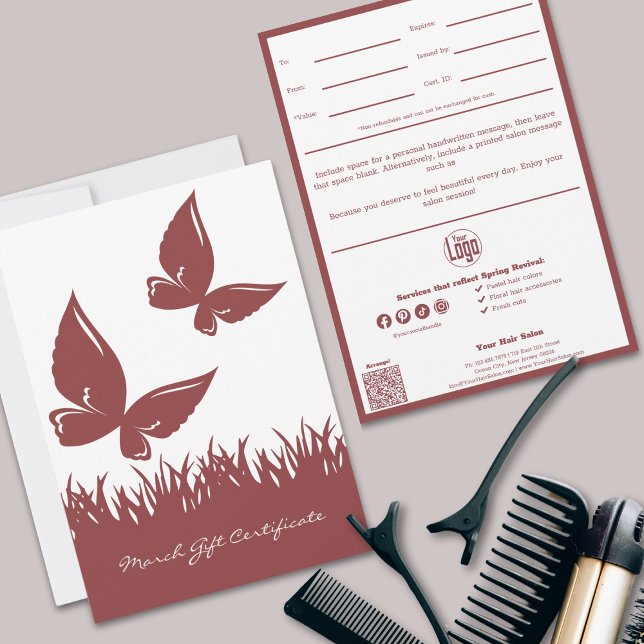 QR Code Services Note mars Certificat cadeau (QR Code Services Note March Gift Certificate, Smoky Topaz White, Butterflies)