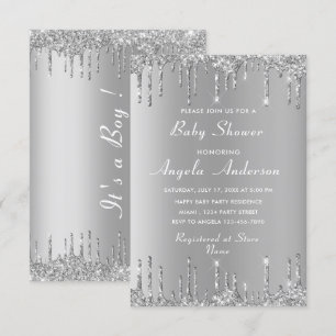QR Code Silver Baby Boy Shower Invitation Exemple