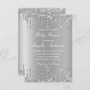 QR Code Silver Gold Baby Girl Shower Invitation