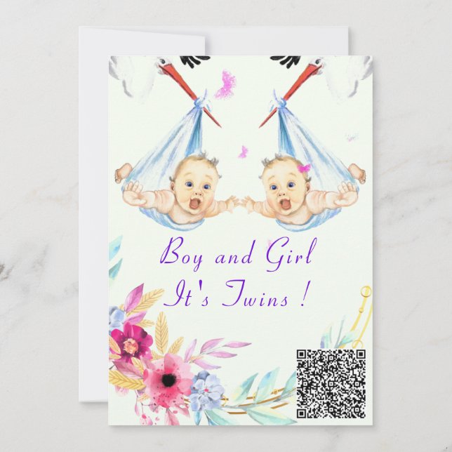 QR Code Twins Baby shower garçon et fille Invitati (Dos)
