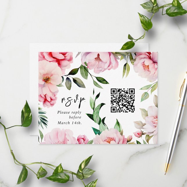 QR Code Watercolor Pink Peony Wedding RSVP (Créateur téléchargé)