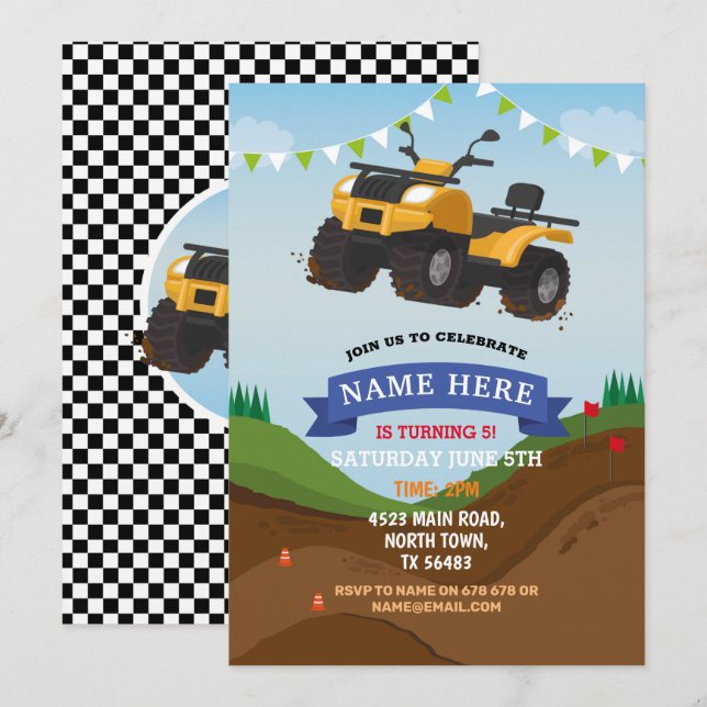Quad Bike Anniversaire Invitation équitation Mud F (Devant / Derrière)