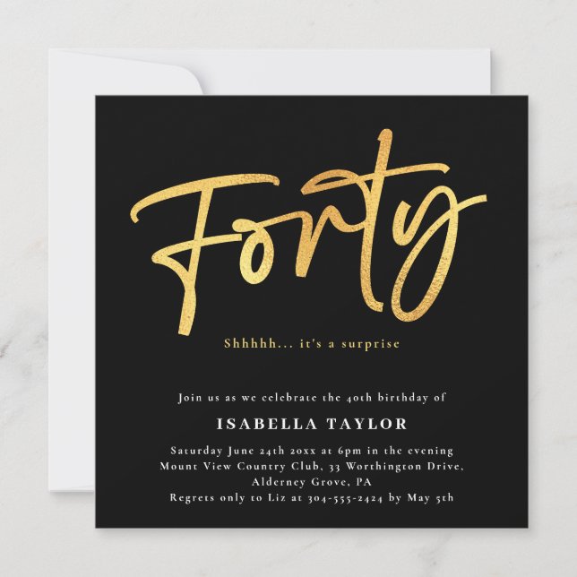 Quarante Chic Black Gold 40e Invitation anniversai (Devant)