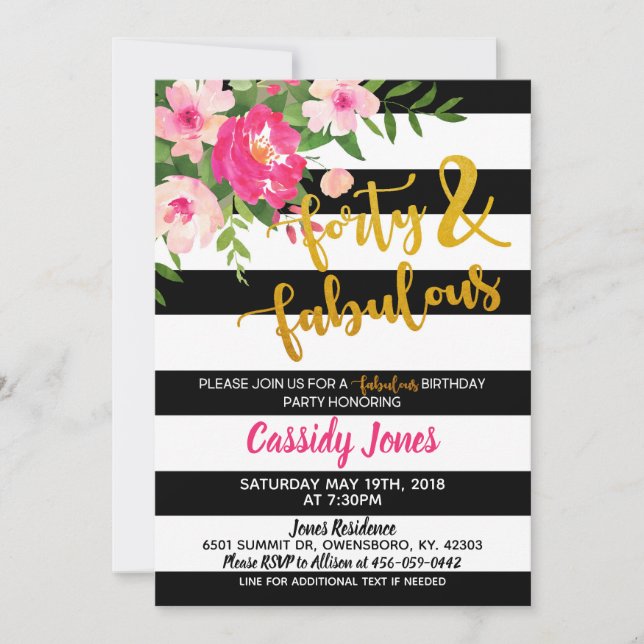 Quarante et invitation fabuleuse d'anniversaire (Devant)