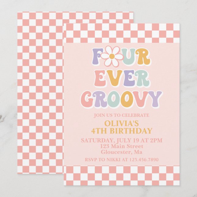 Quatre fois groovy Invitation rétro anniversaire 4 (Devant / Derrière)