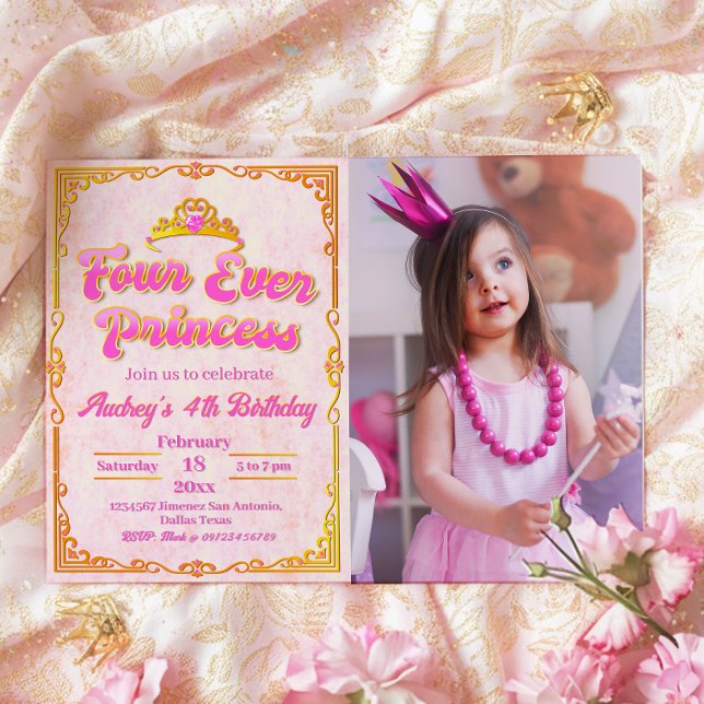 Quatre fois princesse - Invitation d'anniversaire  (Four Ever Princess - Girl 4th Birthday Landscape Invitation with Picture)