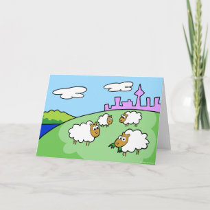 Quatre moutons sur une carte de voeux de colline