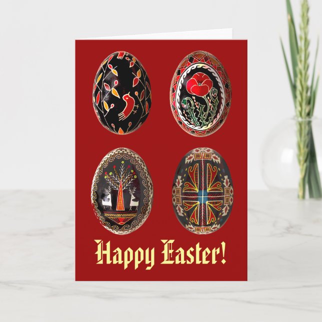 Quatre oeufs de Pysanka sur une carte de Pâques (Devant)