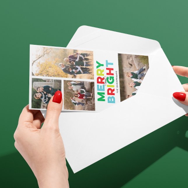 Quatre Photos Joyeuses carte brillante et colorée (skinny format Christmas holiday four photo card with merry and bright message in red, green and blue)
