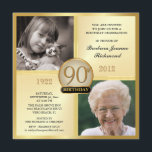 Quatre-vingt-dixième invitations d'anniversaire<br><div class="desc">Créez vos propres quatre-vingt-dixième invitations adultes élégantes de fête d'anniversaire. Carré d'or classique pour les hommes ou des femmes, personnalisé avec de doubles insertions de cadre de photo pour "puis et maintenant" images -- Customisez le nom, la date, et les détails pour votre célébration spéciale. Peut être facilement customisé pour...</div>