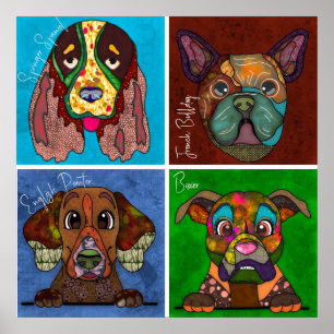 Quatre visages de chien moche unique affiche d'art