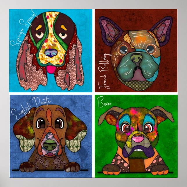 Quatre visages de chien moche unique affiche d'art (Devant)