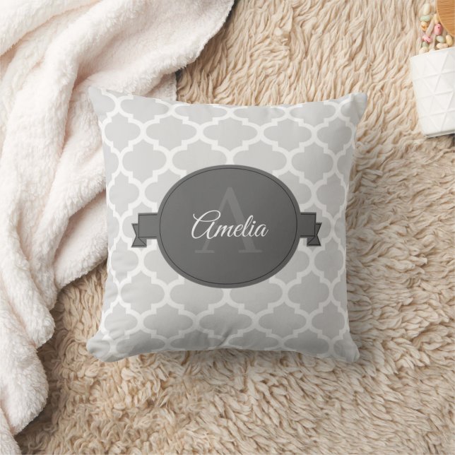 Quatrefoil gris oreiller à lancer personnalisé (Couverture)