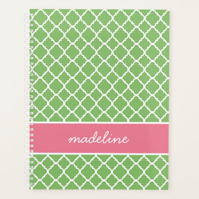 Quatrefoil vert | Pink and Green Preppy Planner (Devant)