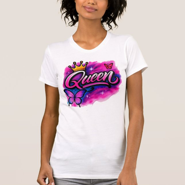 Queen Airbrush Graffiti Crown & Butterfly T-Shirt (Devant)
