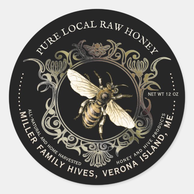 Queen Bee Gold Ornnate Frame Miel Étiquette Noir (Devant)
