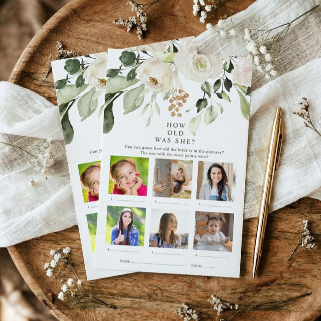 Quel Âge Avait-Elle Photo Floral Fête des mariées  (Printed bridal shower game - photo how old was she? White floral watercolor greenery design.)