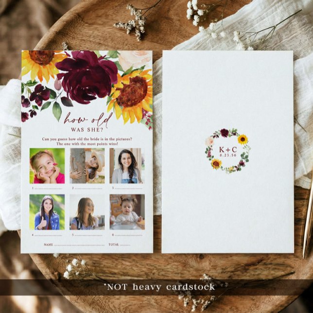Quel âge avait-elle Photo Jeu de douche de mariée  (How old was she? Bridal shower game for fall weddings  - sunflowers & burgundy roses design.)