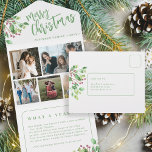Quelle année photo feuillage botanique carte de No<br><div class="desc">Elégant moderne Joyeux Noël manuscrit calligraphie verte brossée script avec 5 collage photo de famille triple année en révision carte de vacances avec votre texte personnalisé sur les deux côtés avec des branches d'aquarelle verte du feuillage botanique avec baies saintes.</div>