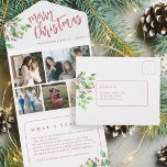 Quelle année photo feuillage botanique carte de No<br><div class="desc">Design élégant Joyeux Noël manuscrit script calligraphie brossé avec 5 collage photo de famille triple année en révision carte de vacances avec votre texte personnalisé sur les deux côtés avec des branches d'aquarelle verte du feuillage botanique avec baies saintes.</div>