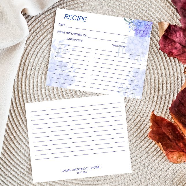 Quelque chose de recette de shower de mariage de h (Something blue hydrangea floral bridal shower recipe card)