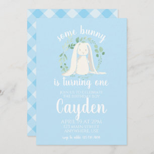 Quelques Bunny Birthday Invitation bleu plaid