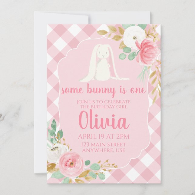 Quelques Bunny Invitation Anniversaire floral et r (Devant)