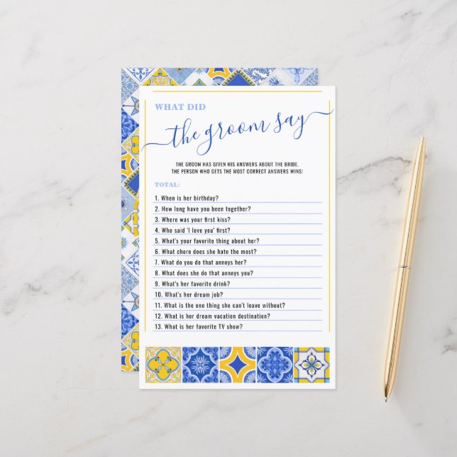 Qu'est-ce que Groom a dit Blue Tiles Fête des mari (Devant/Arrière en situation)