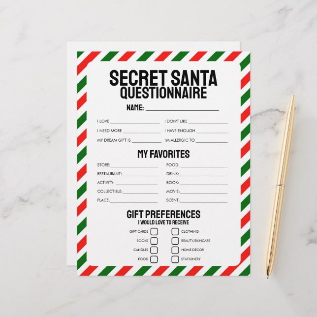 Questionnaire cadeau Secret Père Noël (Devant/Arrière en situation)