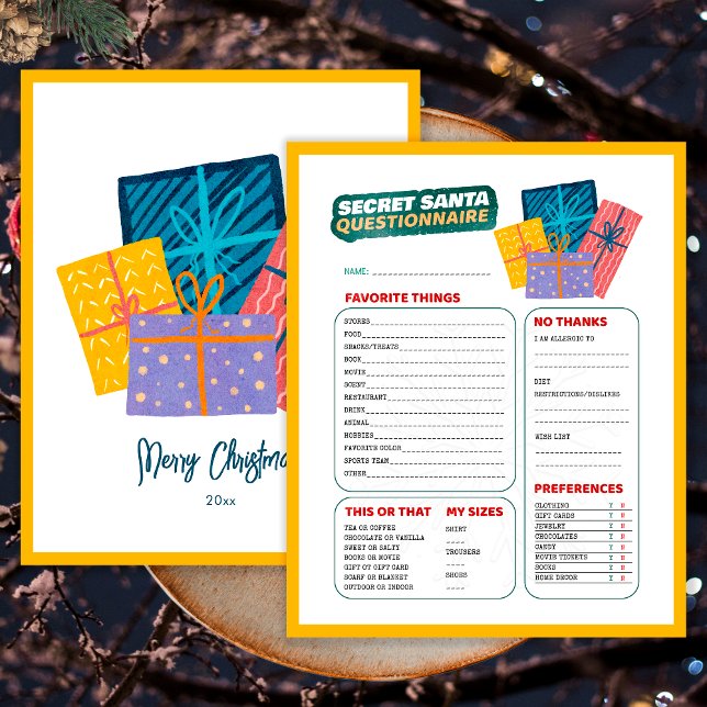 Questionnaire de Secret Santa pour les cadeaux de  (Front and Back)