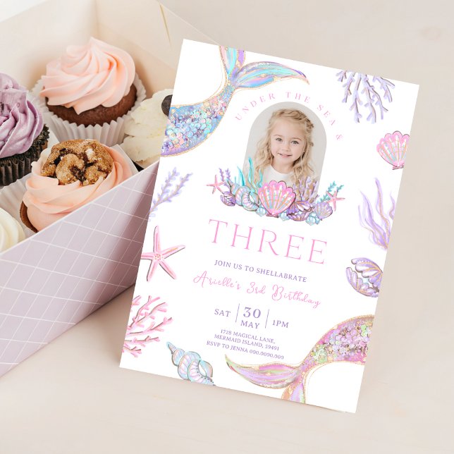 Queue de sirène modifiable Invitation 3ème anniver (Editable Mermaid Tail 3rd Birthday Invite Glitter
)