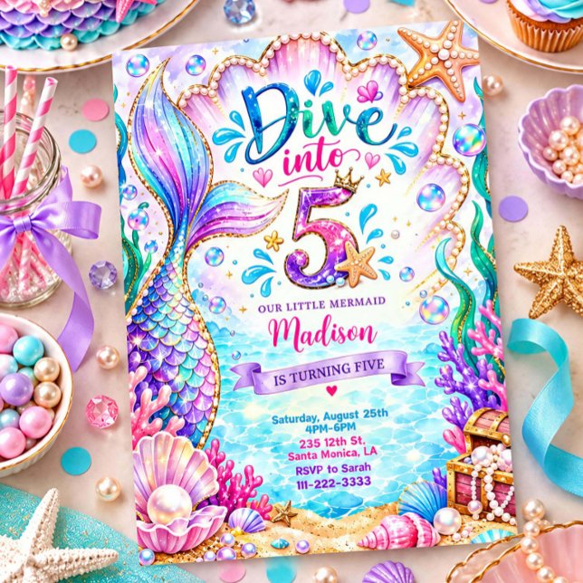Queue de Sirène sous l'Océan Invitation pour un 5è (Mermaid Tail Under the Sea 5th Birthday Invitation)