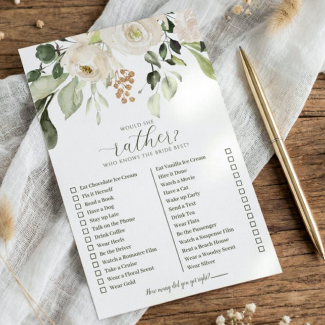 Qui connaît le mieux la mariée Jeu de Préférences  (Bridal shower game - Would she rather - White watercolor floral sage greenery)