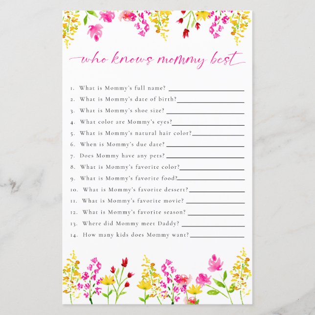 Qui connaît maman Fleur sauvage Baby shower jeu (Devant)