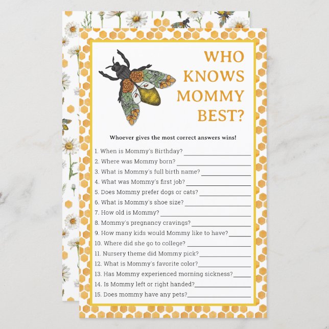 Qui connaît maman meilleur Baby shower jeu | Miel  (Devant / Derrière)