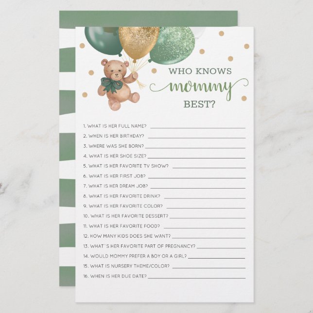 Qui connaît maman meilleur jeu Baby shower Teddy B (Devant / Derrière)