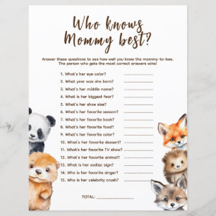 Qui connaît Mommy Woodland Animaux Baby shower Jeu