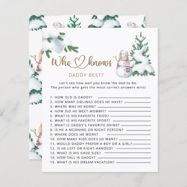 Qui connaît papa meilleur baby shower d'hiver jeu (Devant / Derrière)