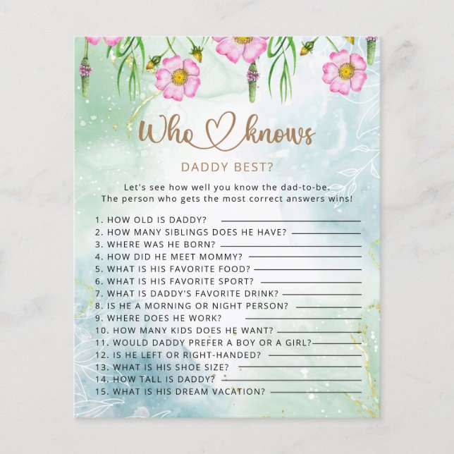 Qui connaît papa meilleur baby shower fleur sauvag (Devant)