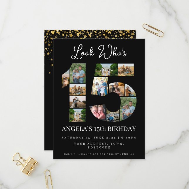 qui est 15 Photo Collage Invitation de quinceanera (Devant/Arrière en situation)