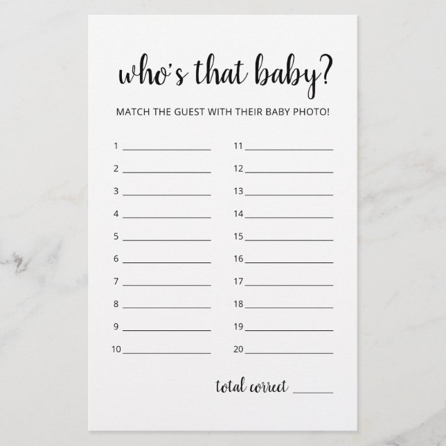 Qui est ce bébé? Jeu pour Baby Shower (Devant)