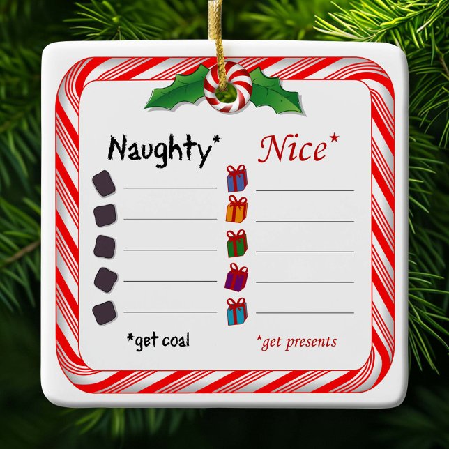 Qui est vilain ou joli ornement (Who's Naughty or Nice Ceramic Ornament. Customize your message. )