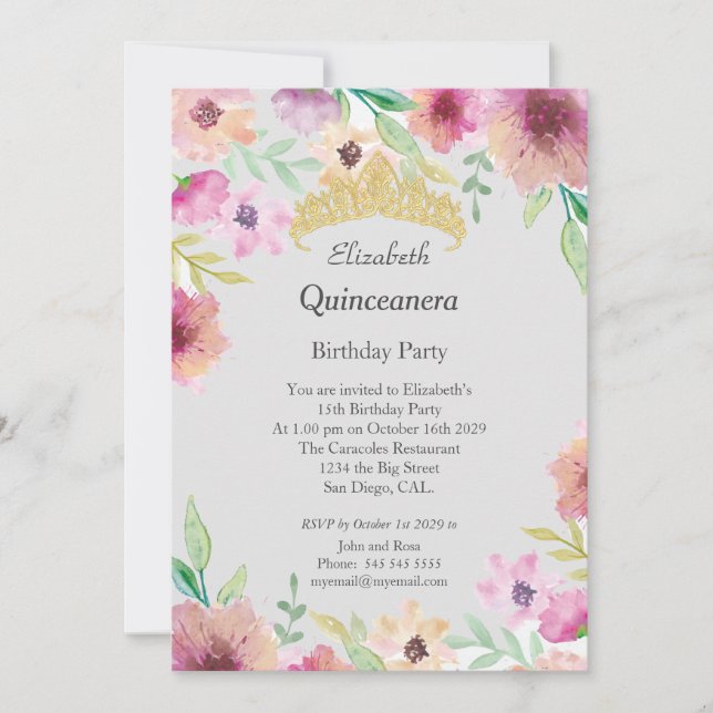 Quinceanera 15e anniversaire Fleurs Invitation (Devant)