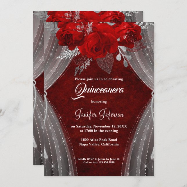 Quinceanera à fleurs rouges Invitation (Devant / Derrière)