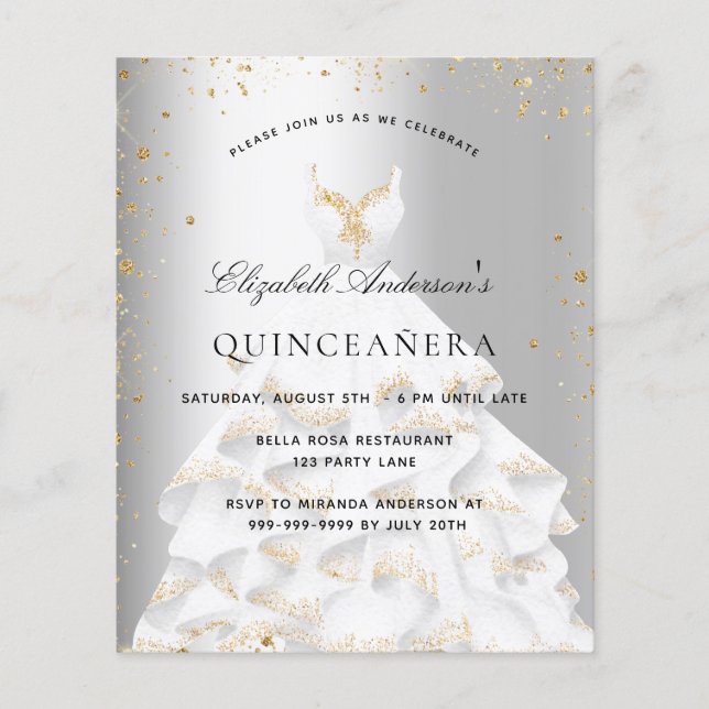 Quinceanera argent or robe budget invitation (Devant)